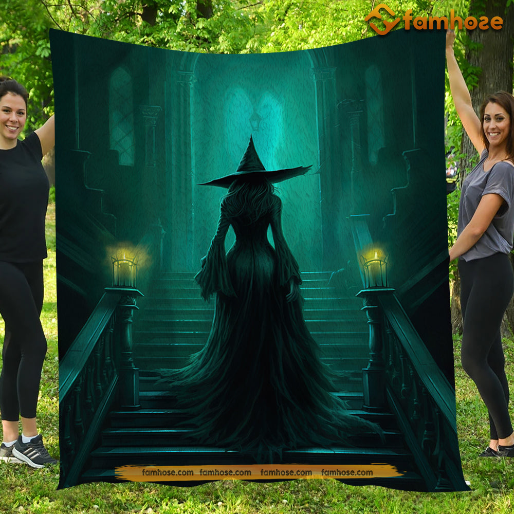 Witch Blanket, Mysterious Witch In The Dark Room On The Stairs Fleece Blanket - Sherpa Blanket Gift For Halloween