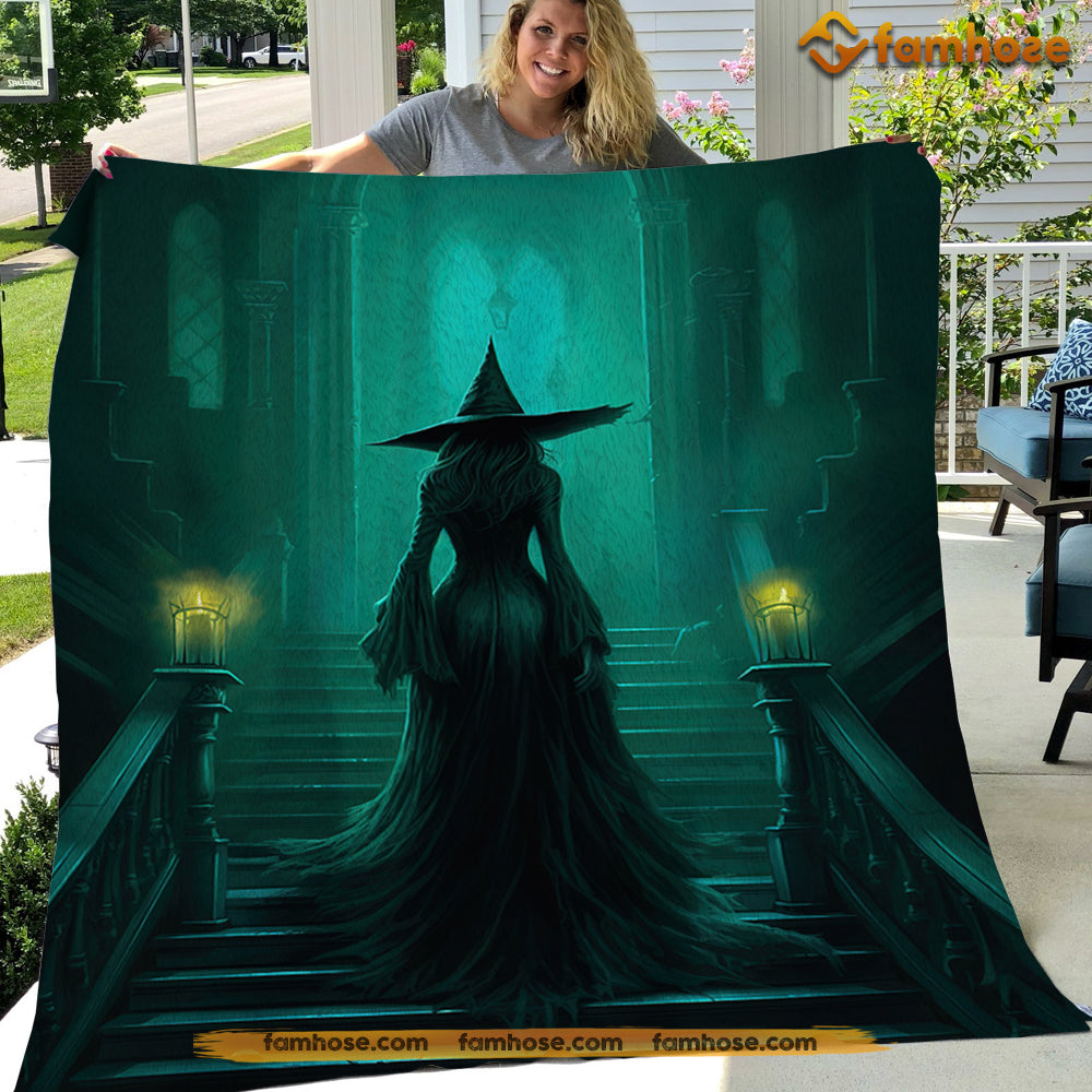 Witch Blanket, Mysterious Witch In The Dark Room On The Stairs Fleece Blanket - Sherpa Blanket Gift For Halloween