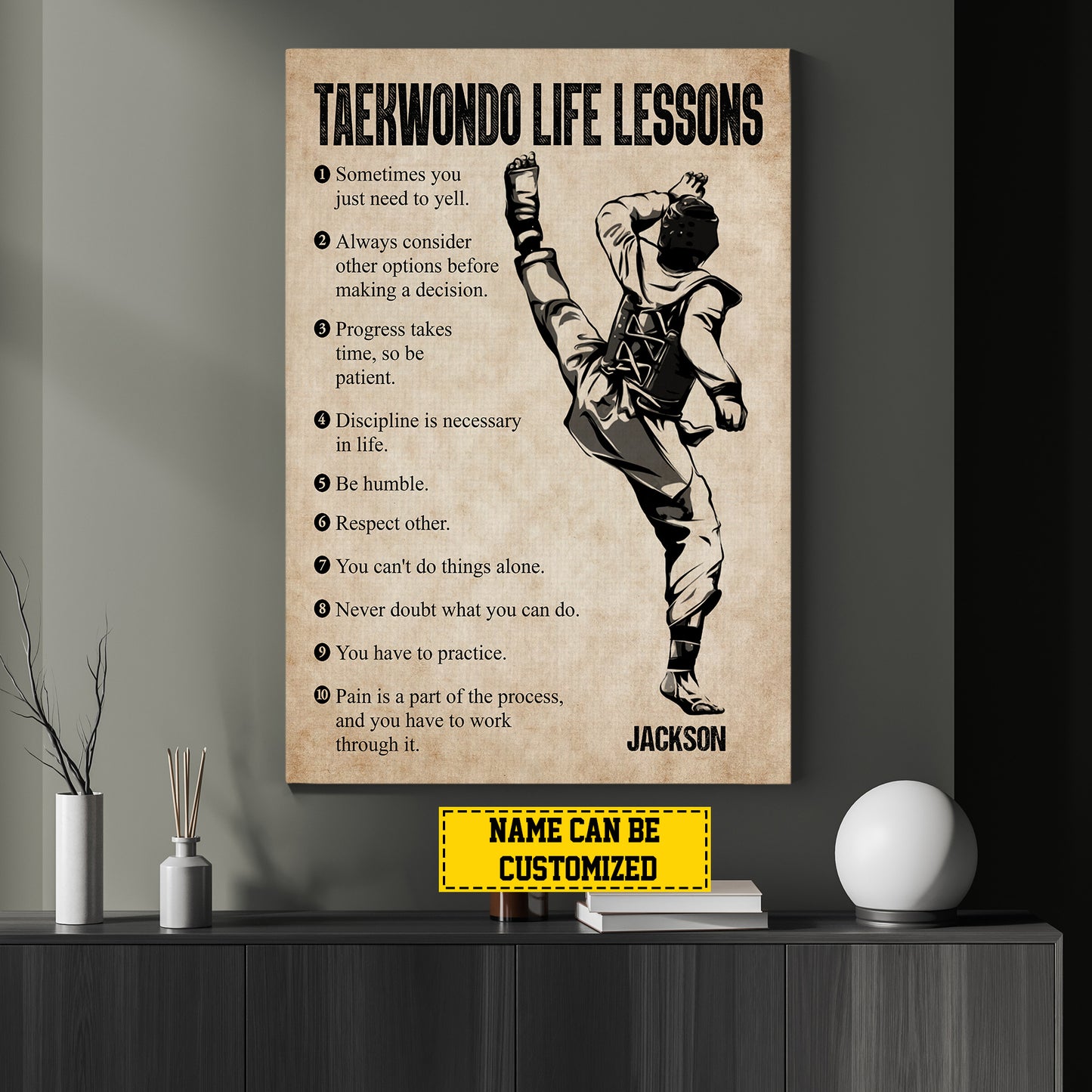 Taekwondo Life Lessons, Personalized Taekwondo Boy Canvas Painting, Inspirational Quotes Wall Art Decor, Poster Gift For Fan Of Taekwondo