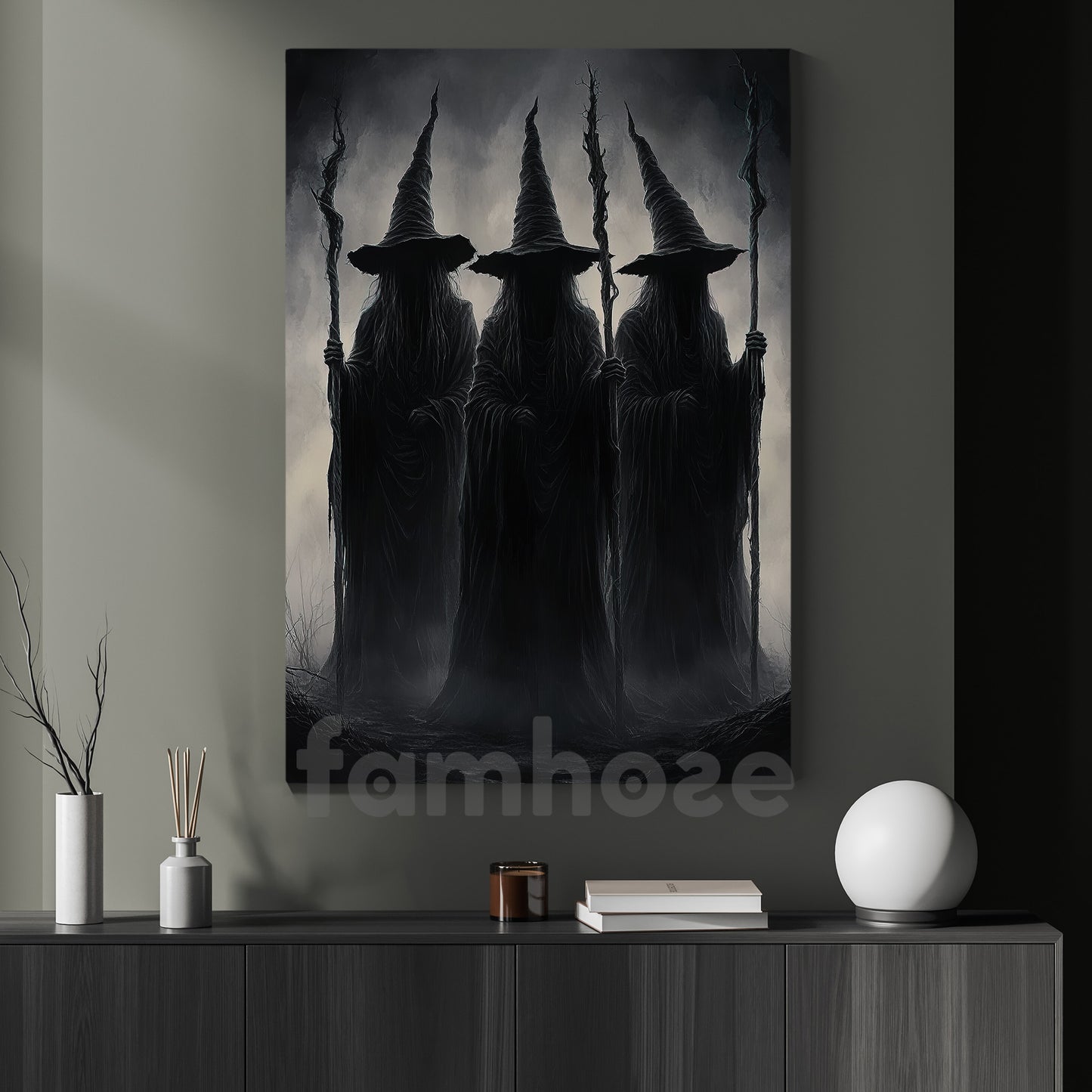 Halloween Witch Canvas Painting, Dark Witch Trio Wall Art Decor Spooky Season Poster Gift For Witch Lovers