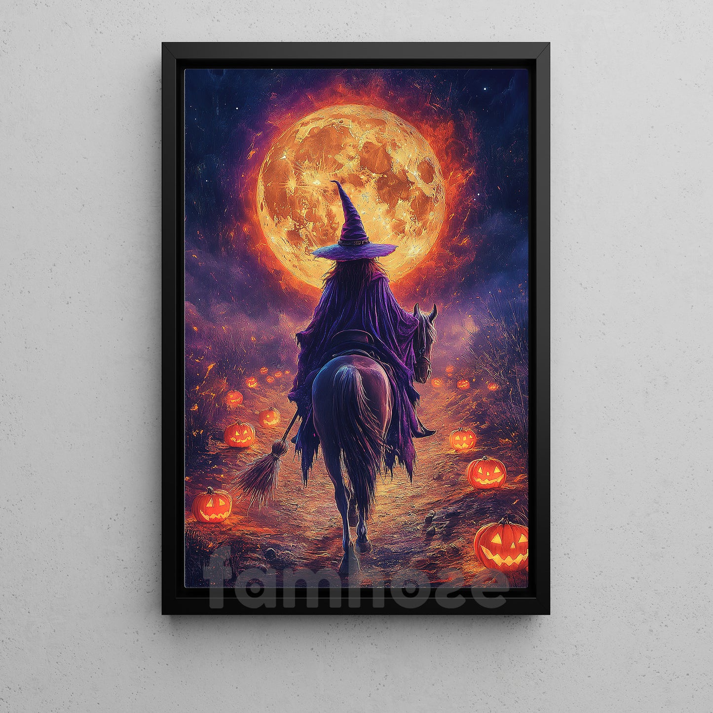 Halloween Witch Riding Horse Canvas Painting, Full Sun Witch On Horse Wall Art Decor Spooky Season Poster Gift For Horse Girl