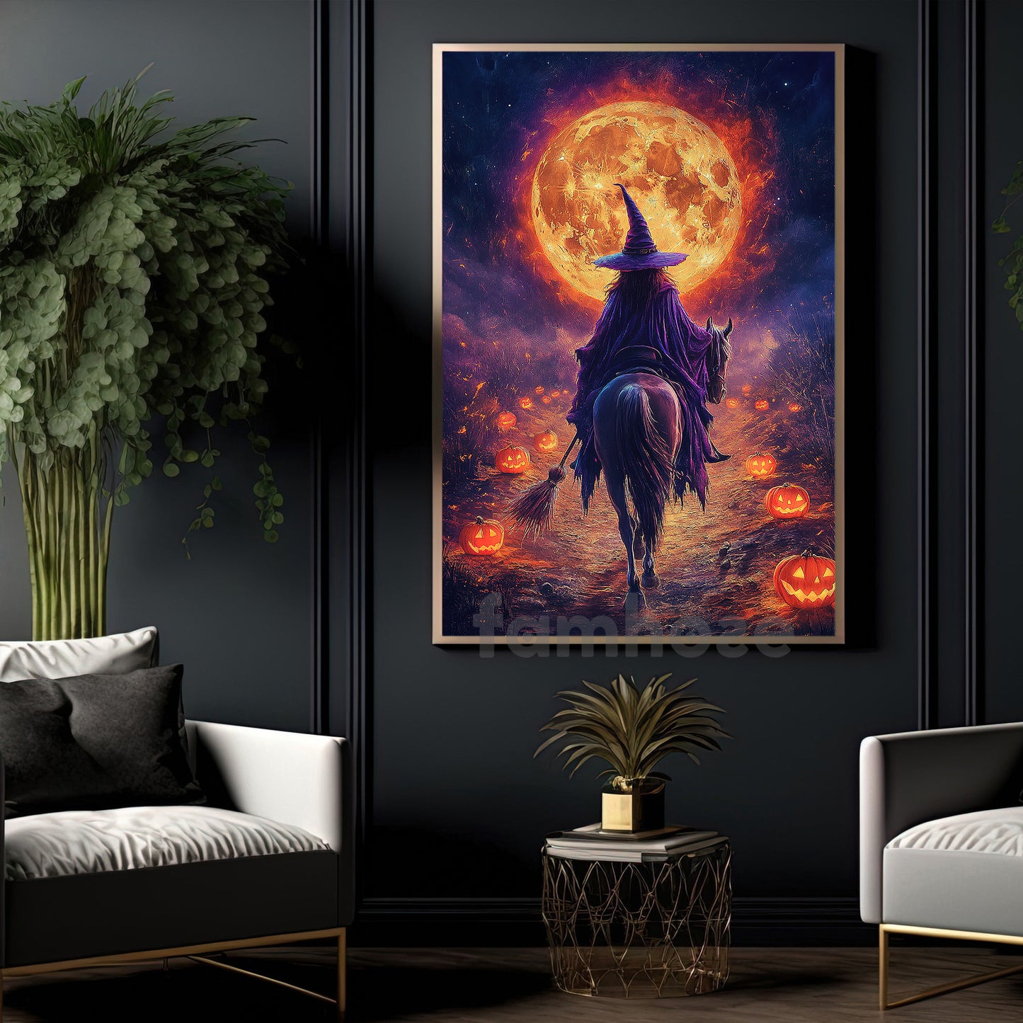 Halloween Witch Riding Horse Canvas Painting, Full Sun Witch On Horse Wall Art Decor Spooky Season Poster Gift For Horse Girl