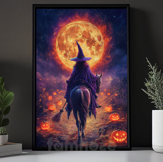 Halloween Witch Riding Horse Canvas Painting, Full Sun Witch On Horse Wall Art Decor Spooky Season Poster Gift For Horse Girl