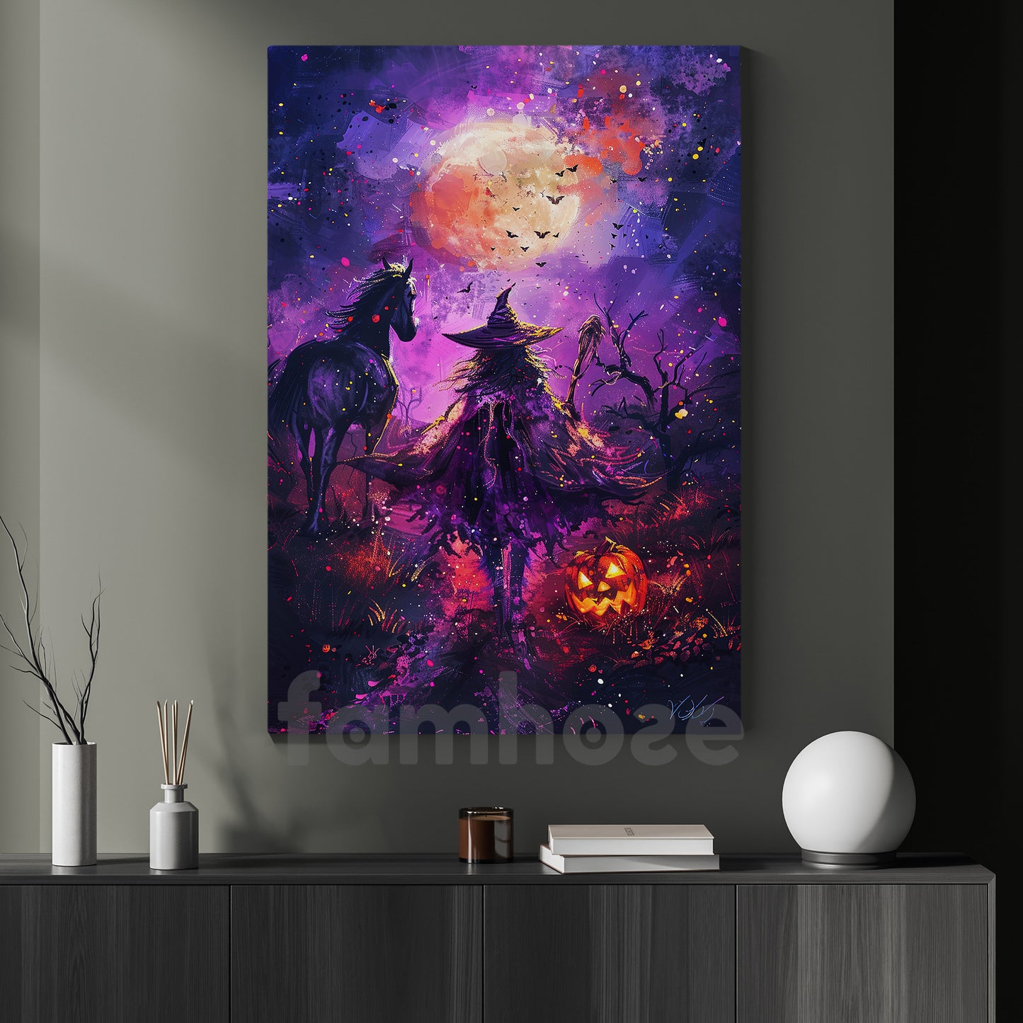 Halloween Witch Horse Canvas Painting, The Witch’s Midnight Journey Wall Art Decor, Spooky Season Poster Gift For Horse Lovers, Witch Lovers