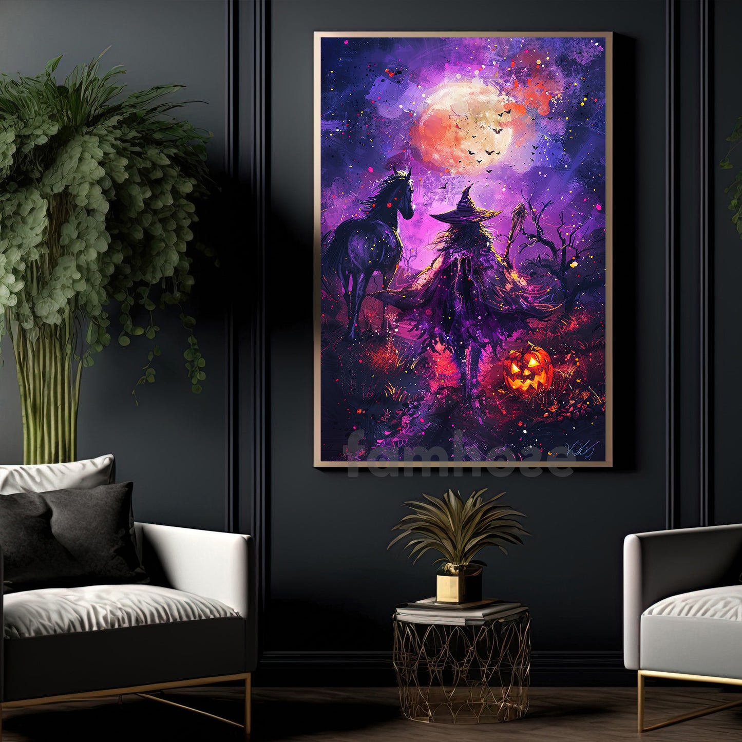 Halloween Witch Horse Canvas Painting, The Witch’s Midnight Journey Wall Art Decor, Spooky Season Poster Gift For Horse Lovers, Witch Lovers
