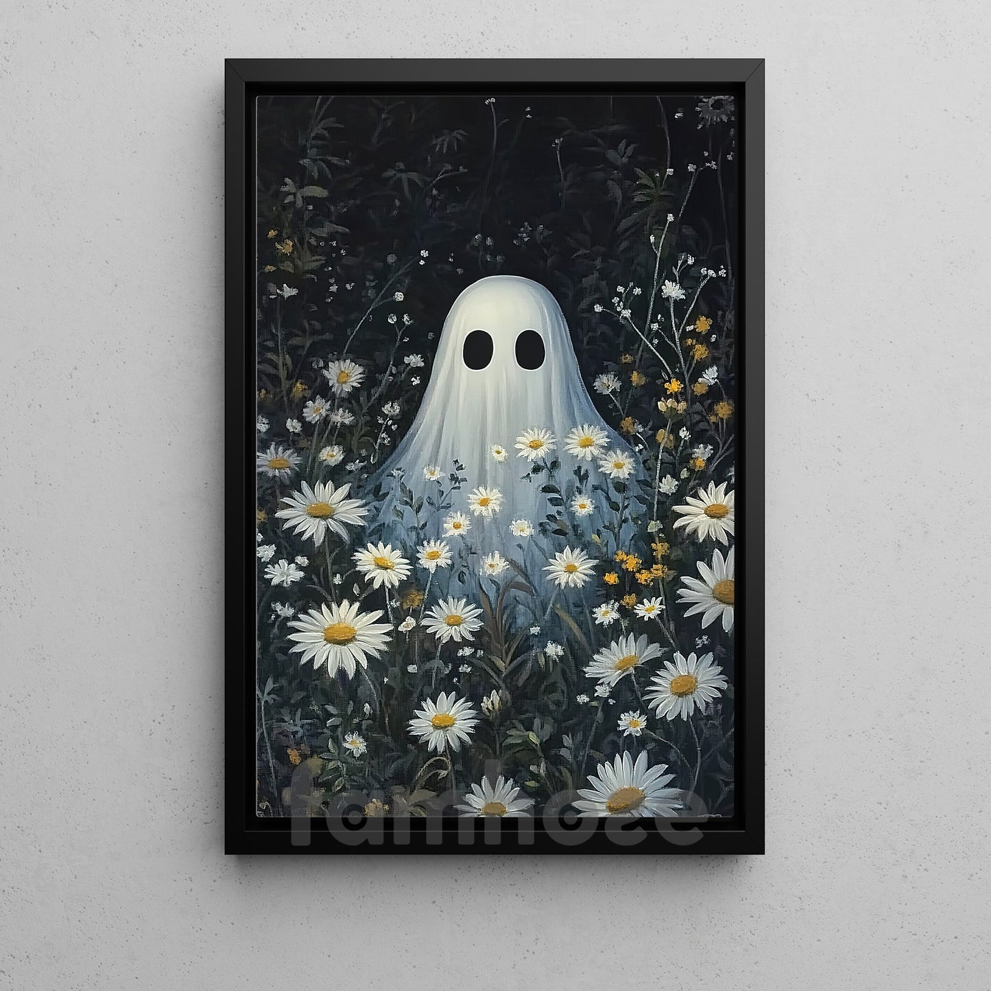 Halloween Boo Flowers Canvas Painting, Ghost And Flowers Wall Art Decor, Spooky Season Poster Gift For Ghost Lovers