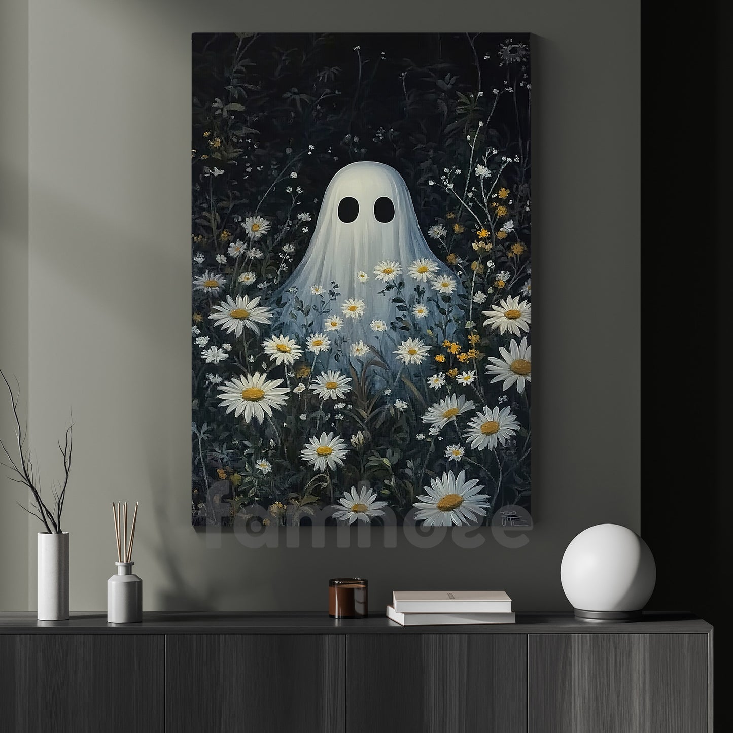 Halloween Boo Flowers Canvas Painting, Ghost And Flowers Wall Art Decor, Spooky Season Poster Gift For Ghost Lovers