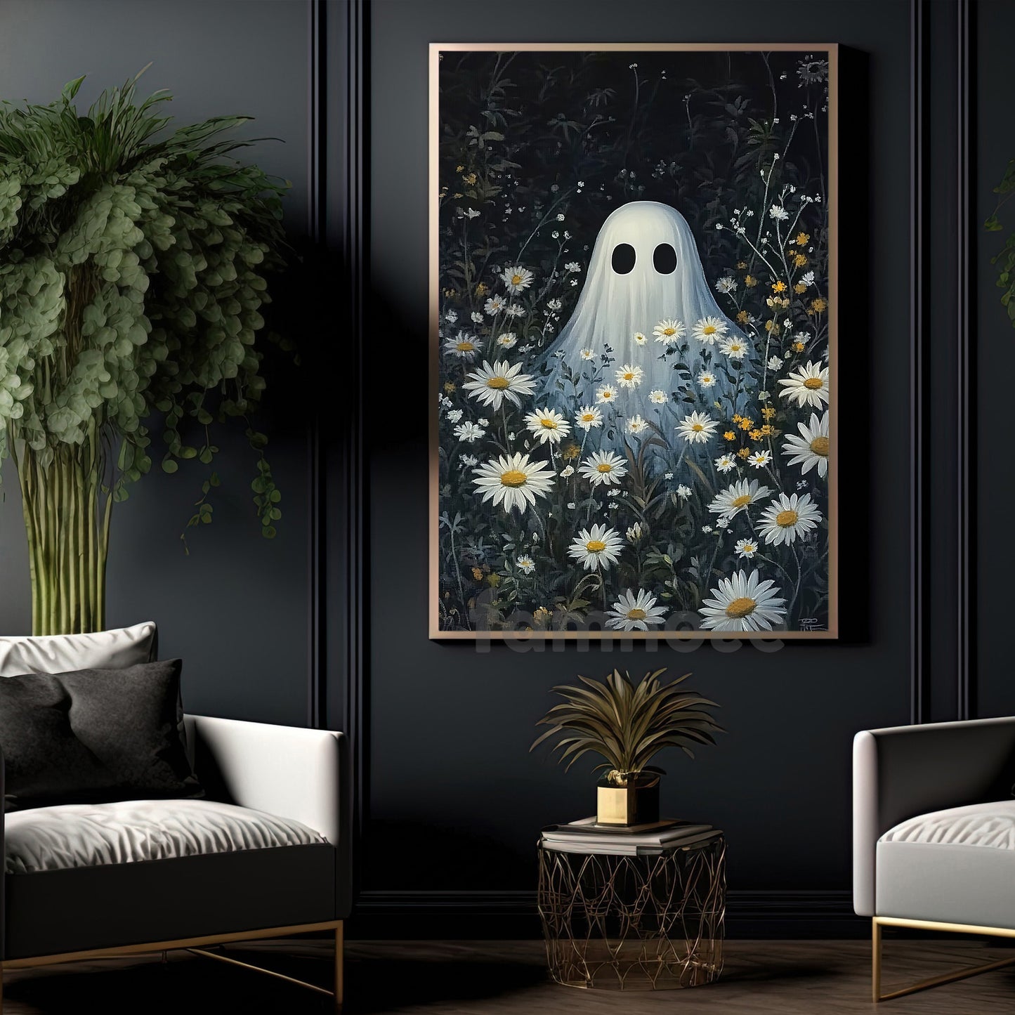 Halloween Boo Flowers Canvas Painting, Ghost And Flowers Wall Art Decor, Spooky Season Poster Gift For Ghost Lovers