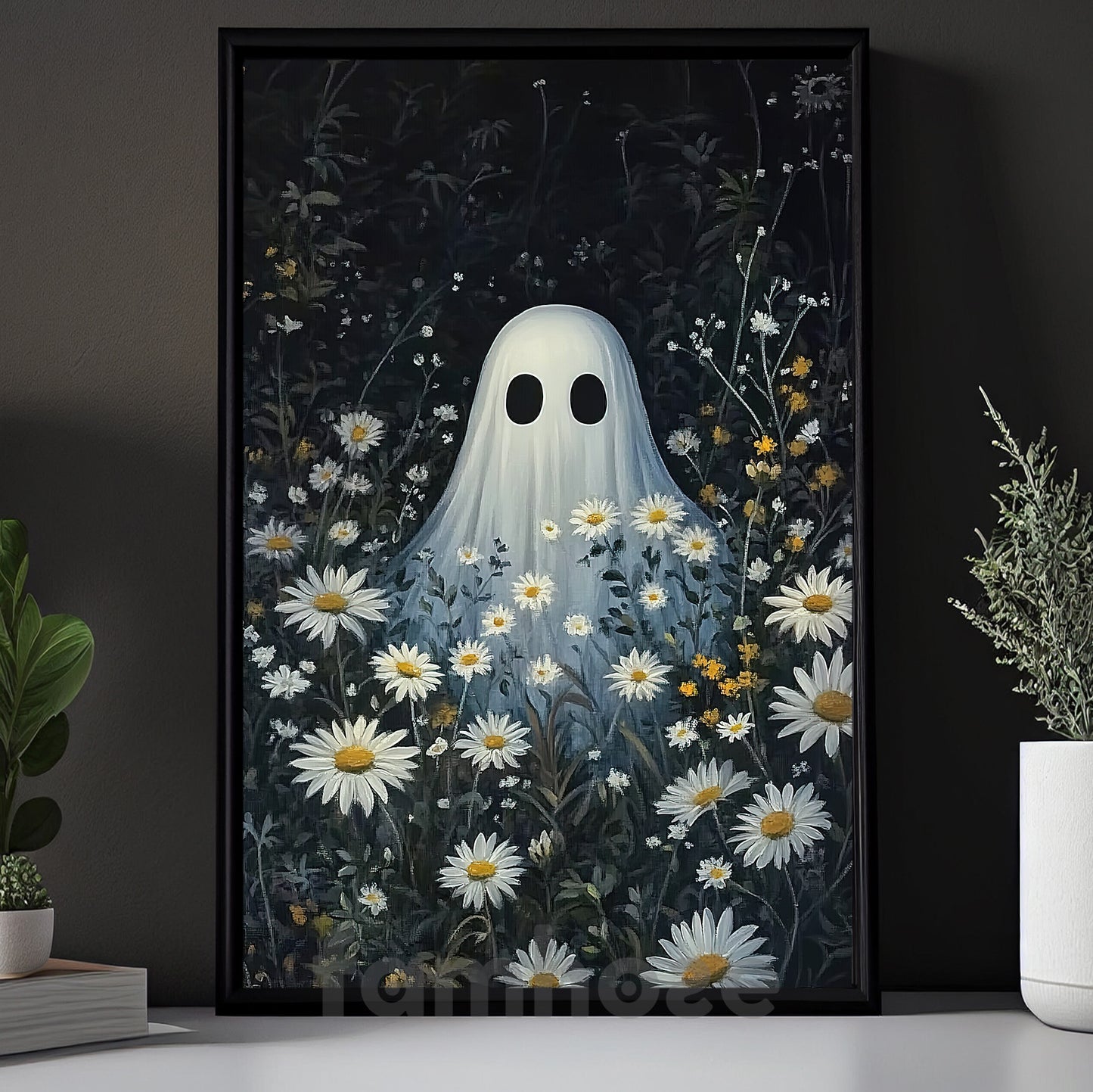 Halloween Boo Flowers Canvas Painting, Ghost And Flowers Wall Art Decor, Spooky Season Poster Gift For Ghost Lovers