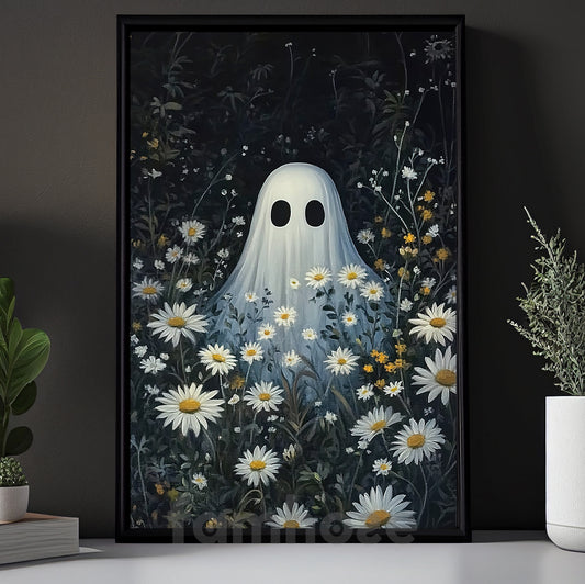 Halloween Boo Flowers Canvas Painting, Ghost And Flowers Wall Art Decor, Spooky Season Poster Gift For Ghost Lovers