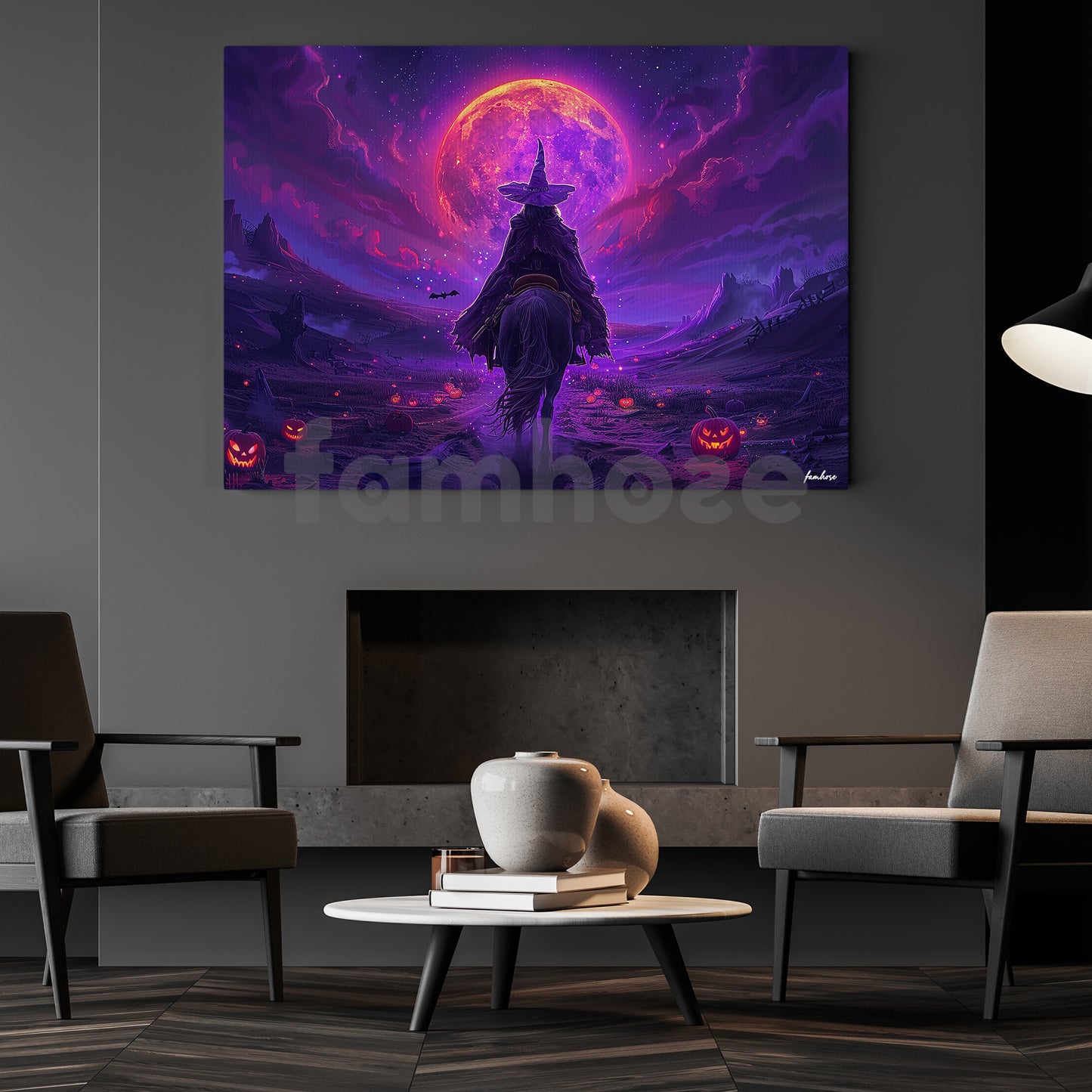 Halloween Witch Riding Horse Canvas Painting, Enchanted Witch On Horseback Wall Art Decor, Spooky Season Poster Gift For Witch Lovers, Horse Lovers