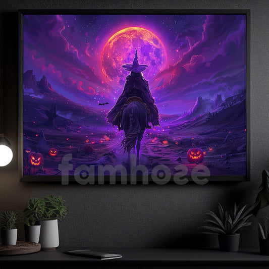 Halloween Witch Riding Horse Canvas Painting, Enchanted Witch On Horseback Wall Art Decor, Spooky Season Poster Gift For Witch Lovers, Horse Lovers