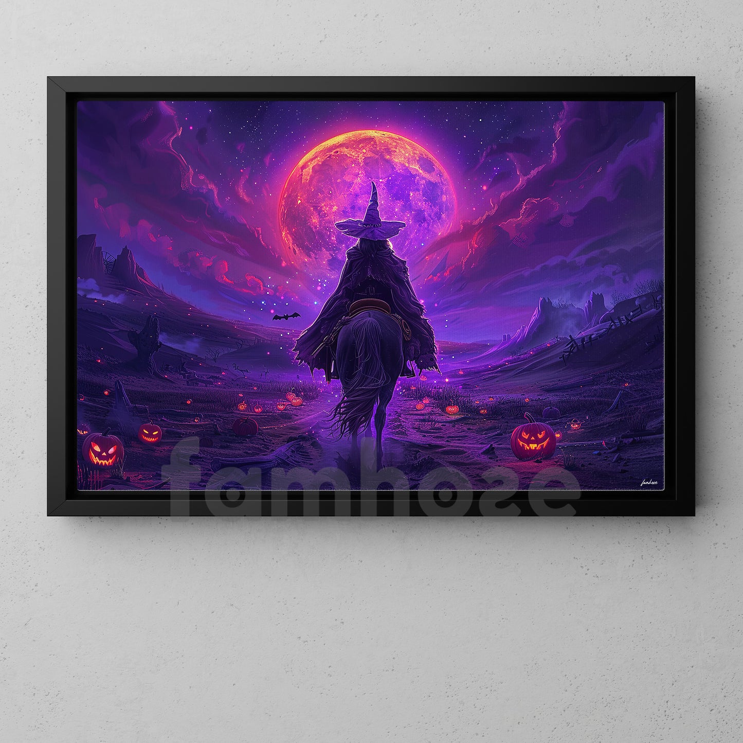 Halloween Witch Riding Horse Canvas Painting, Enchanted Witch On Horseback Wall Art Decor, Spooky Season Poster Gift For Witch Lovers, Horse Lovers