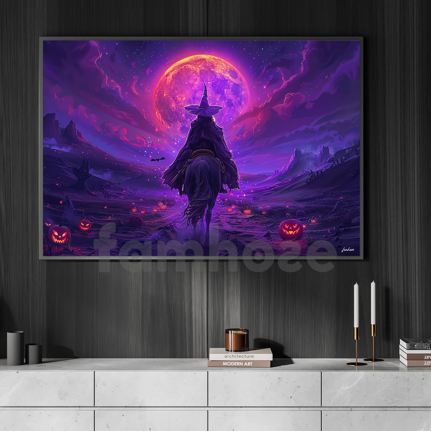 Halloween Witch Riding Horse Canvas Painting, Enchanted Witch On Horseback Wall Art Decor, Spooky Season Poster Gift For Witch Lovers, Horse Lovers