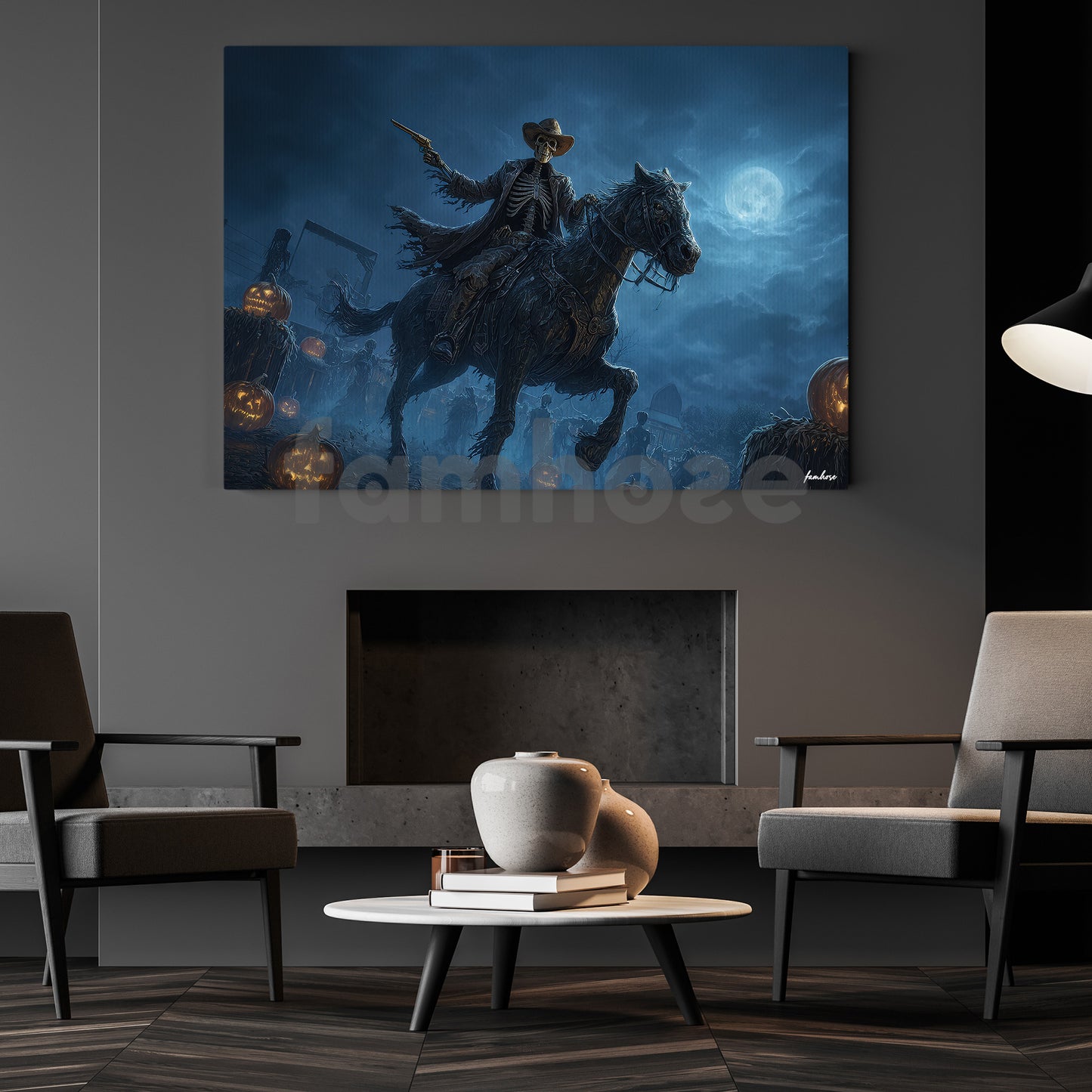 Halloween Skeleton Cowboy Canvas Painting, Undead Gunslinger On Horseback Wall Art Decor, Spooky Season Poster Gift For Cowboy, Skeleton Lovers