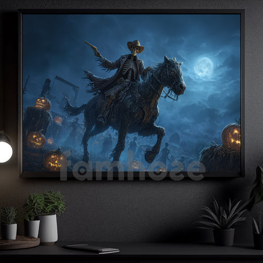 Halloween Skeleton Cowboy Canvas Painting, Undead Gunslinger On Horseback Wall Art Decor, Spooky Season Poster Gift For Cowboy, Skeleton Lovers
