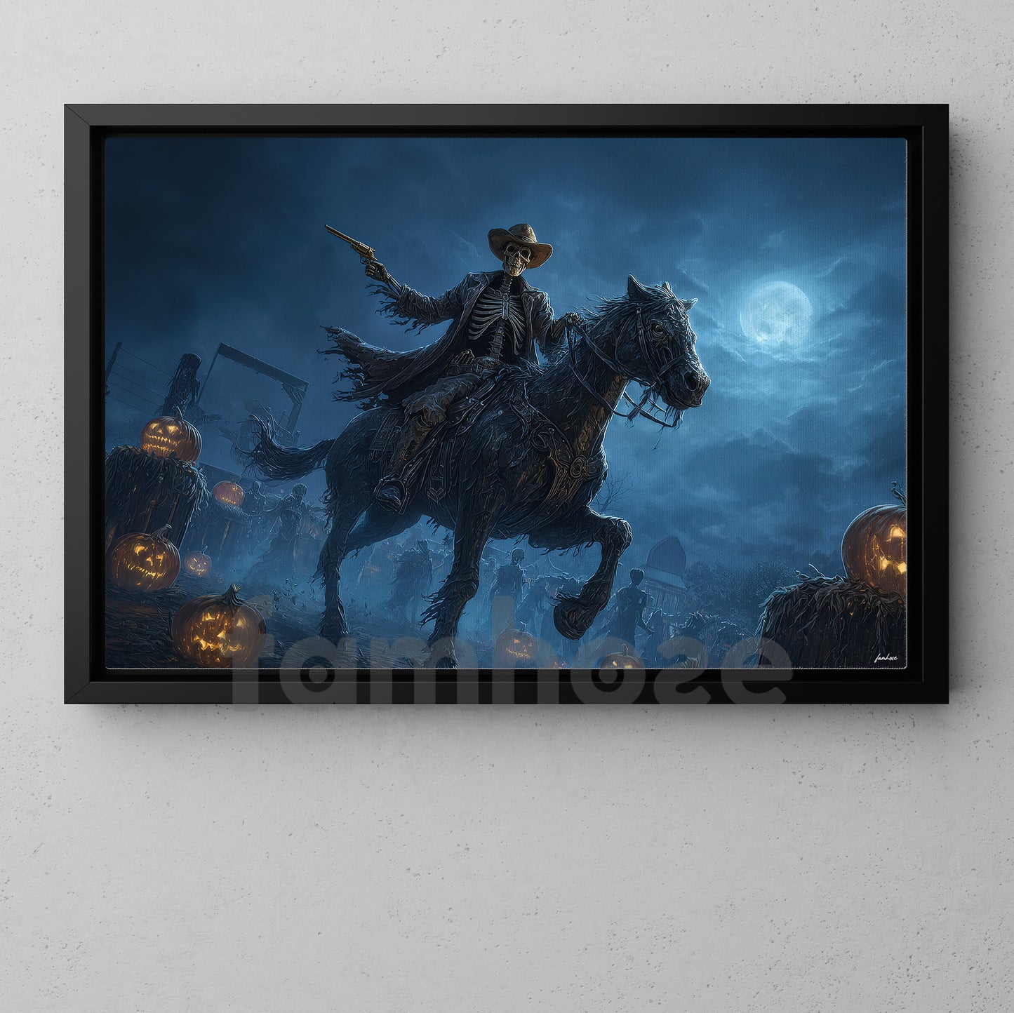 Halloween Skeleton Cowboy Canvas Painting, Undead Gunslinger On Horseback Wall Art Decor, Spooky Season Poster Gift For Cowboy, Skeleton Lovers