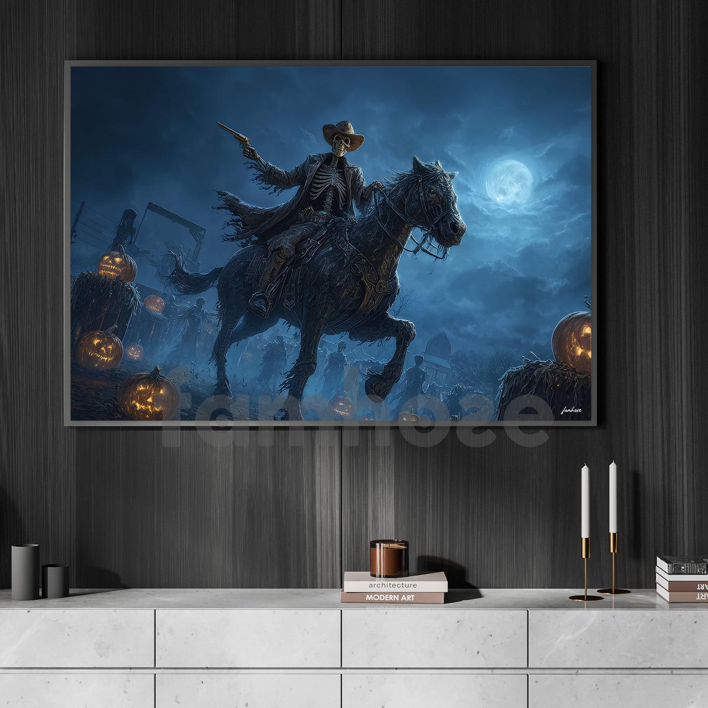 Halloween Skeleton Cowboy Canvas Painting, Undead Gunslinger On Horseback Wall Art Decor, Spooky Season Poster Gift For Cowboy, Skeleton Lovers