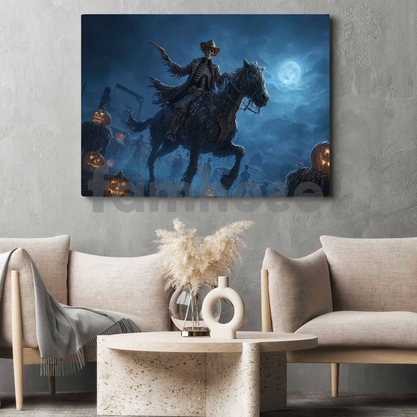 Halloween Skeleton Cowboy Canvas Painting, Undead Gunslinger On Horseback Wall Art Decor, Spooky Season Poster Gift For Cowboy, Skeleton Lovers