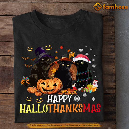 Halloween Black Cat T-shirt, Happy Hallothanksmas Thanksgiving Christmas Cat, Gift For Cat Lovers, Cat Tees, Cat Owners