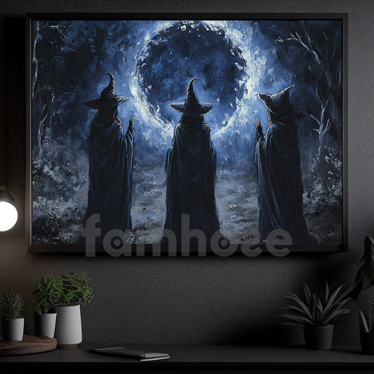 Halloween Witch Canvas Painting, Coven Of Three Sorceresses Wall Art Decor, Spooky Season Poster Gift For Witch Lovers
