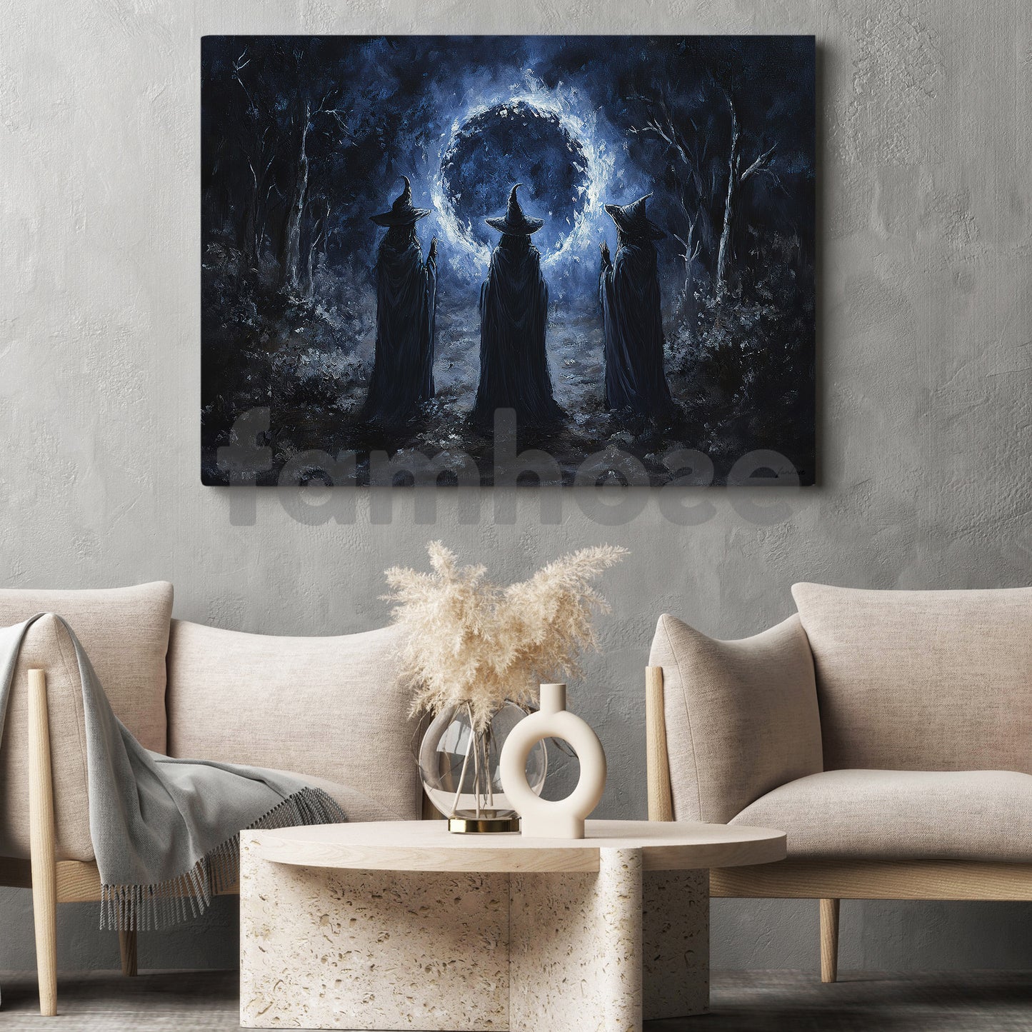 Halloween Witch Canvas Painting, Coven Of Three Sorceresses Wall Art Decor, Spooky Season Poster Gift For Witch Lovers