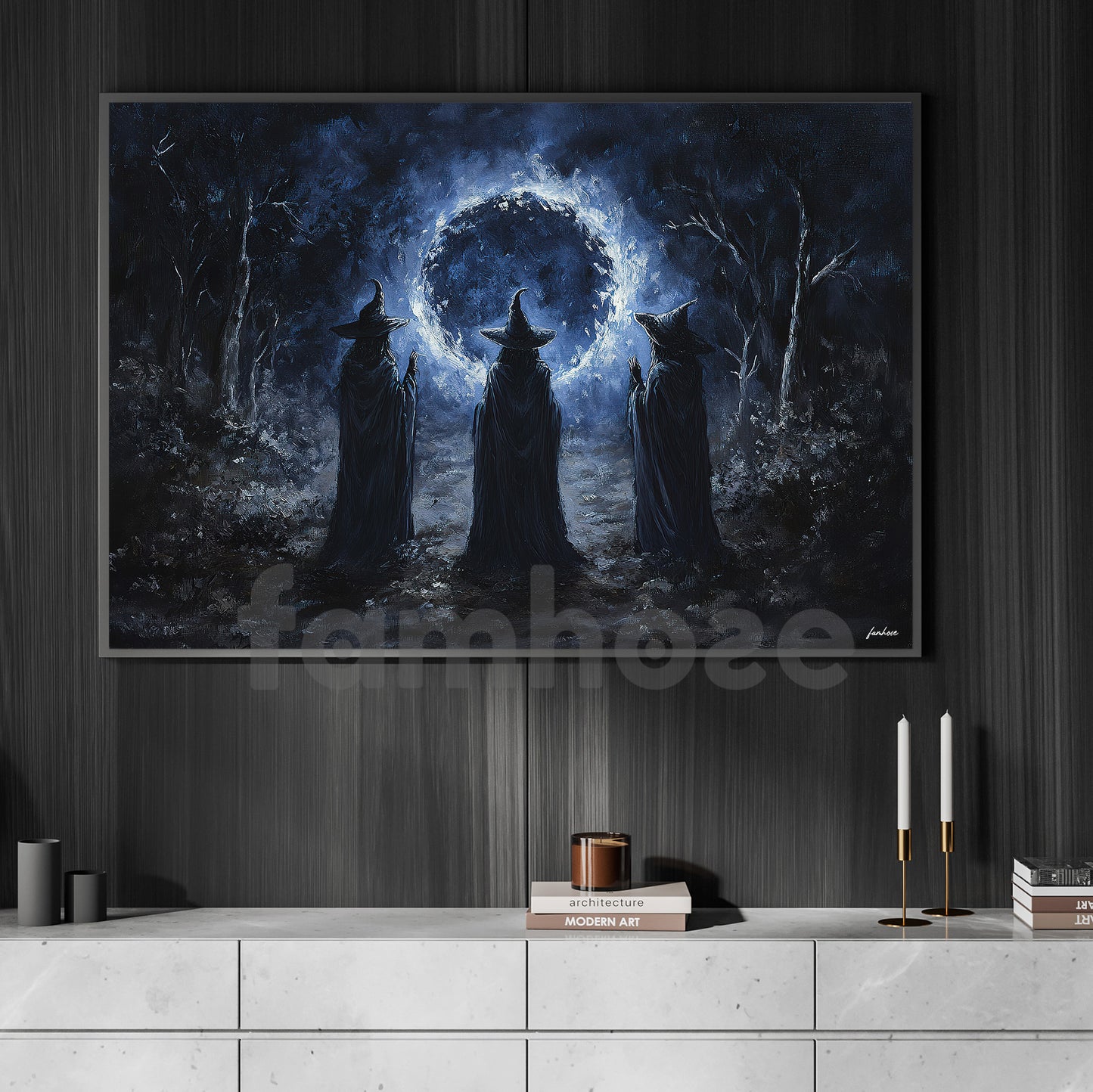 Halloween Witch Canvas Painting, Coven Of Three Sorceresses Wall Art Decor, Spooky Season Poster Gift For Witch Lovers