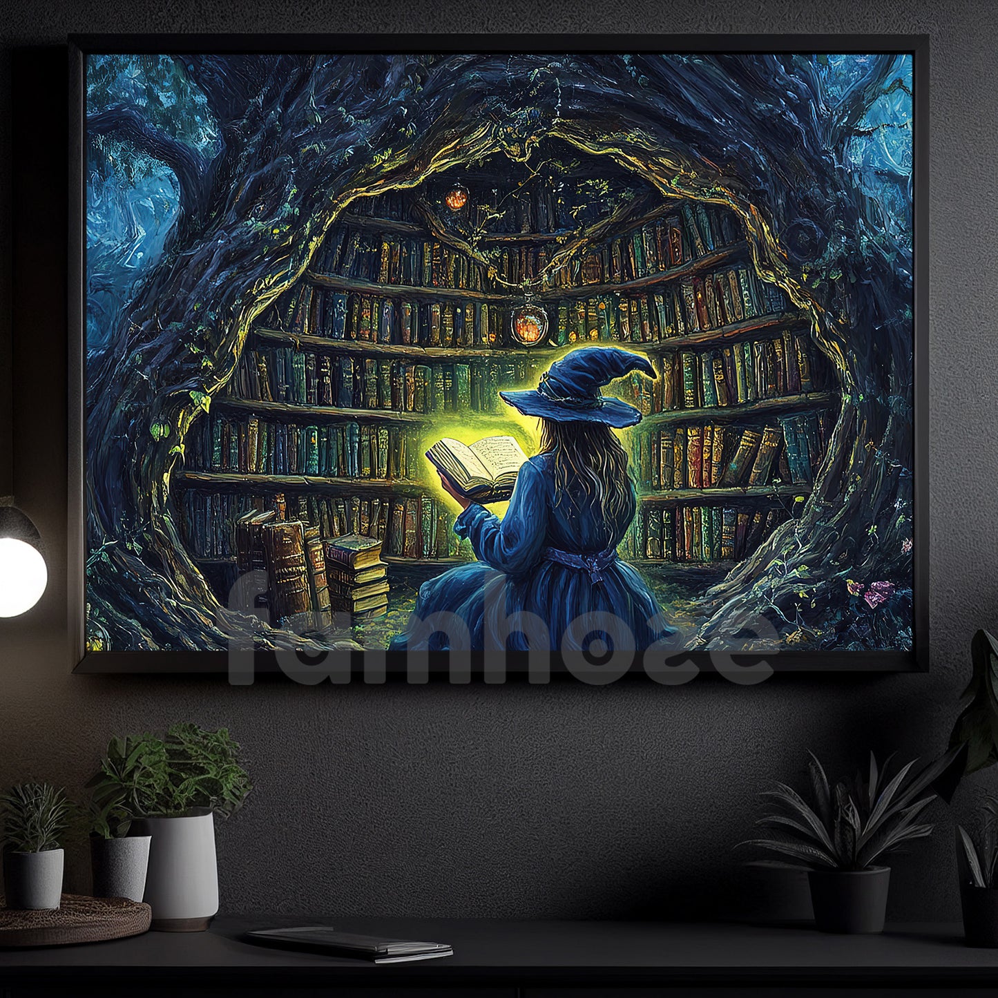Halloween Witch Reading Books Canvas Painting, Young Witch Reading A Glowing Magic Book Wall Art Decor, Spooky Season Poster Gift For Witch Lovers