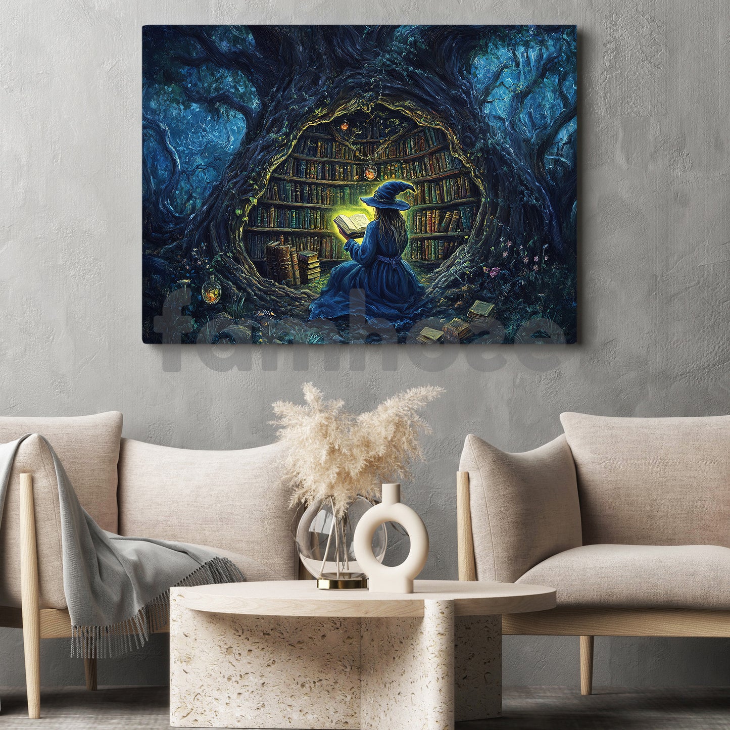 Halloween Witch Reading Books Canvas Painting, Young Witch Reading A Glowing Magic Book Wall Art Decor, Spooky Season Poster Gift For Witch Lovers