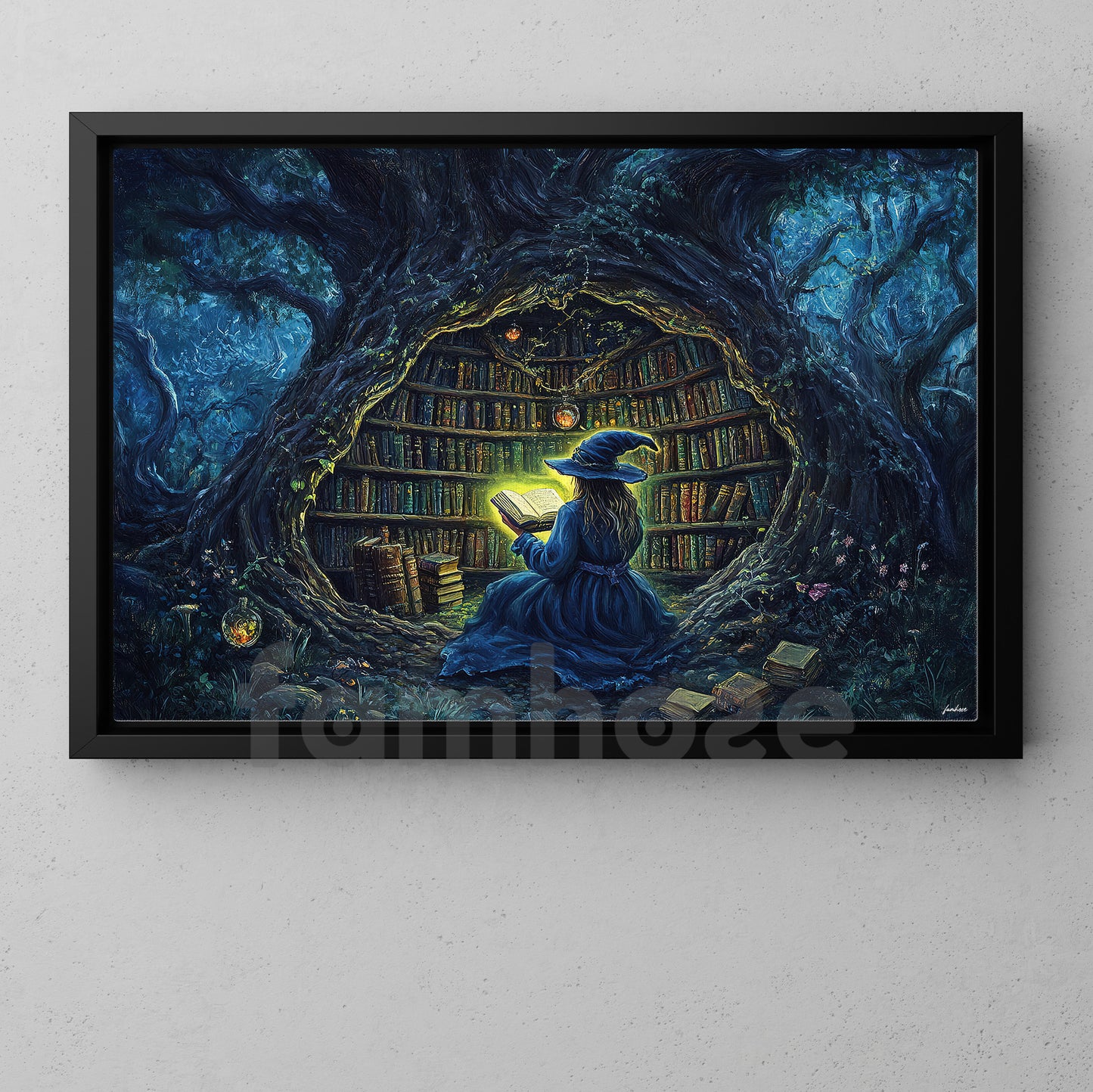 Halloween Witch Reading Books Canvas Painting, Young Witch Reading A Glowing Magic Book Wall Art Decor, Spooky Season Poster Gift For Witch Lovers