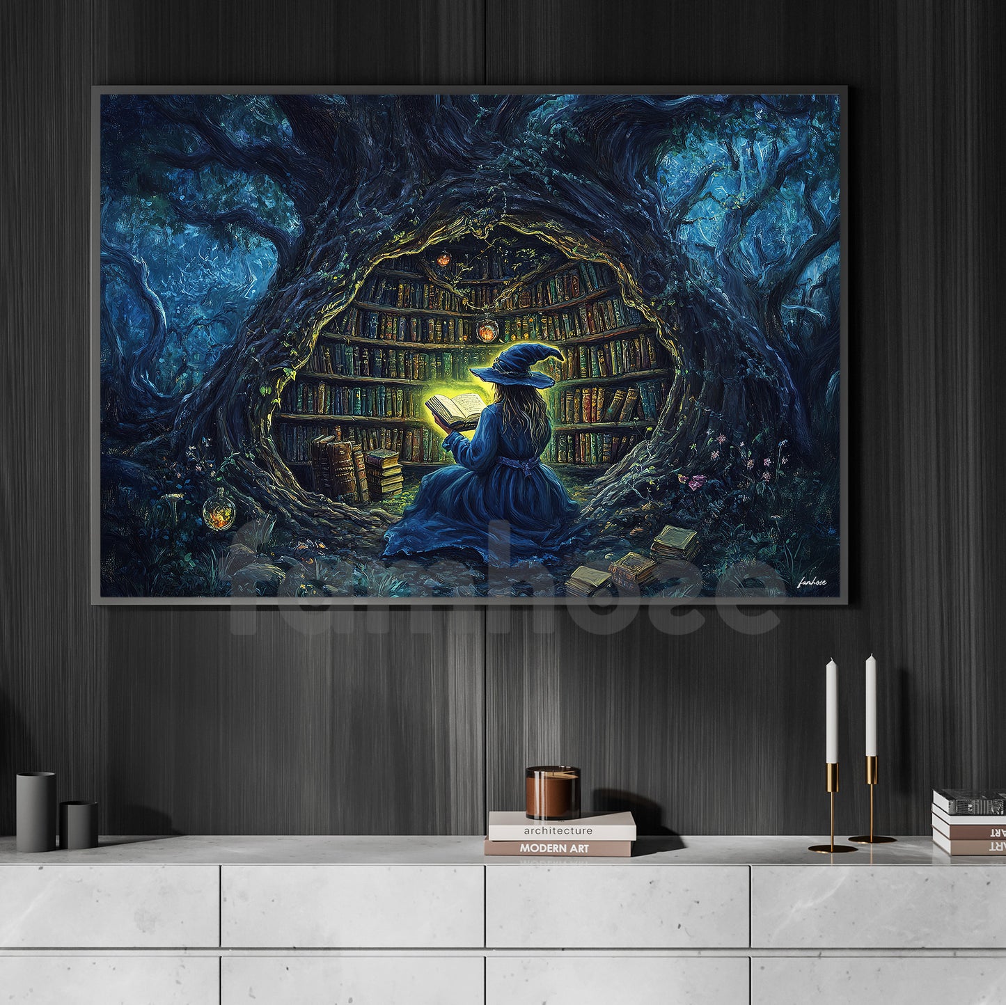 Halloween Witch Reading Books Canvas Painting, Young Witch Reading A Glowing Magic Book Wall Art Decor, Spooky Season Poster Gift For Witch Lovers