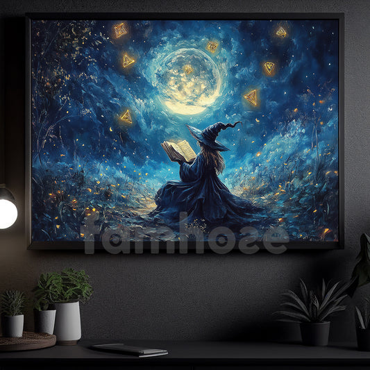 Halloween Witch Reading Books Canvas Painting, Enchanted Witch Reading Ancient Spells Wall Art Decor, Spooky Season Poster Gift For Witch Lovers