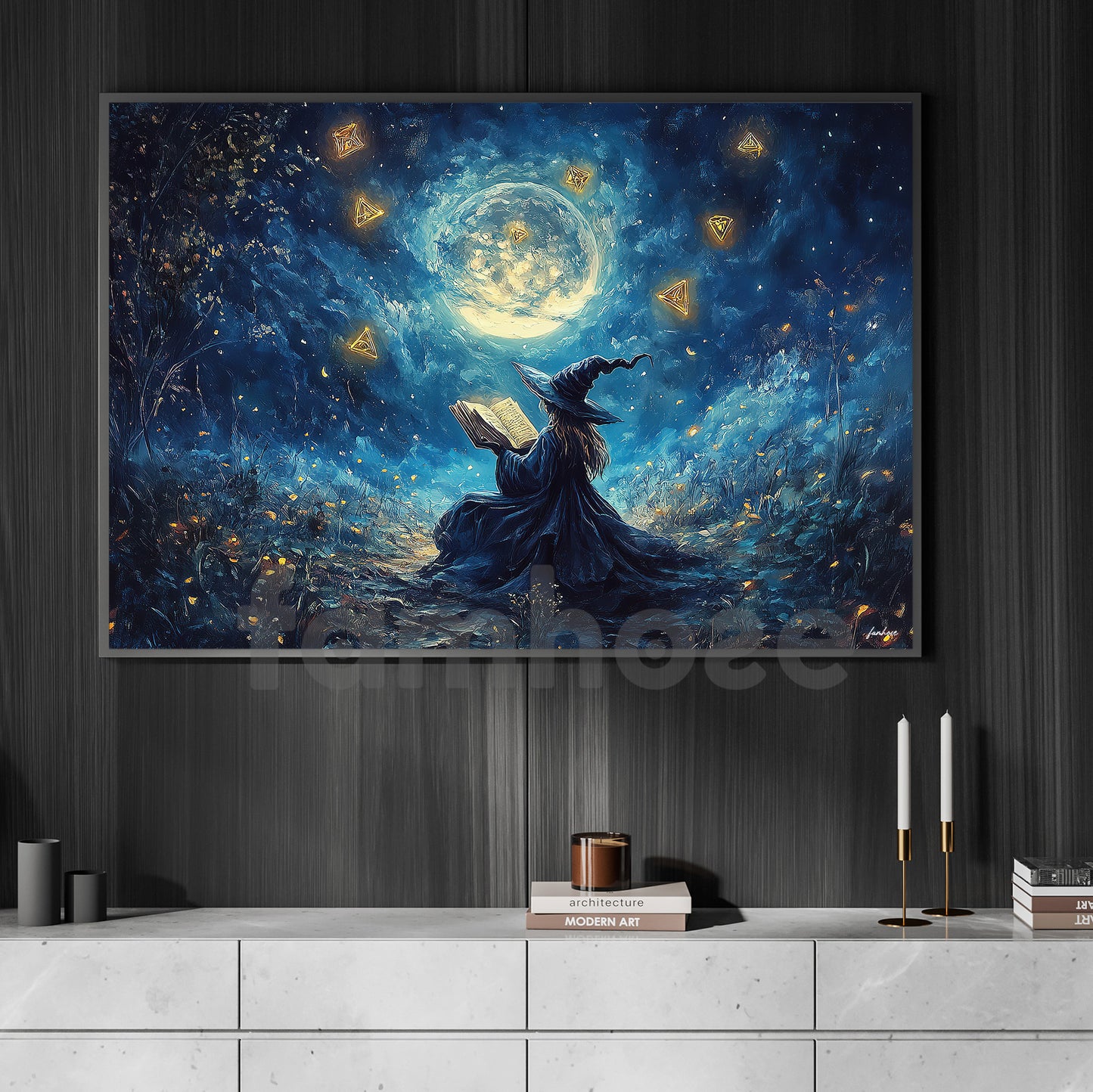 Halloween Witch Reading Books Canvas Painting, Enchanted Witch Reading Ancient Spells Wall Art Decor, Spooky Season Poster Gift For Witch Lovers