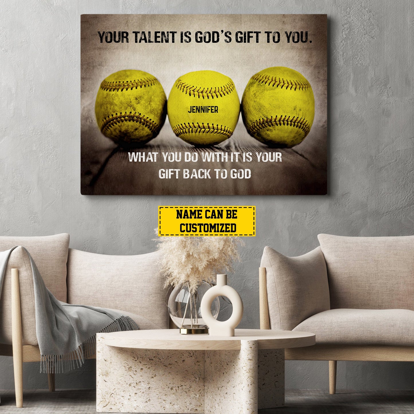 Personalized Motivational Softball Canvas Painting, You Talent Is God's Gift To You, Inspirational Quotes Wall Art Decor, Poster Gift For Softball Lovers