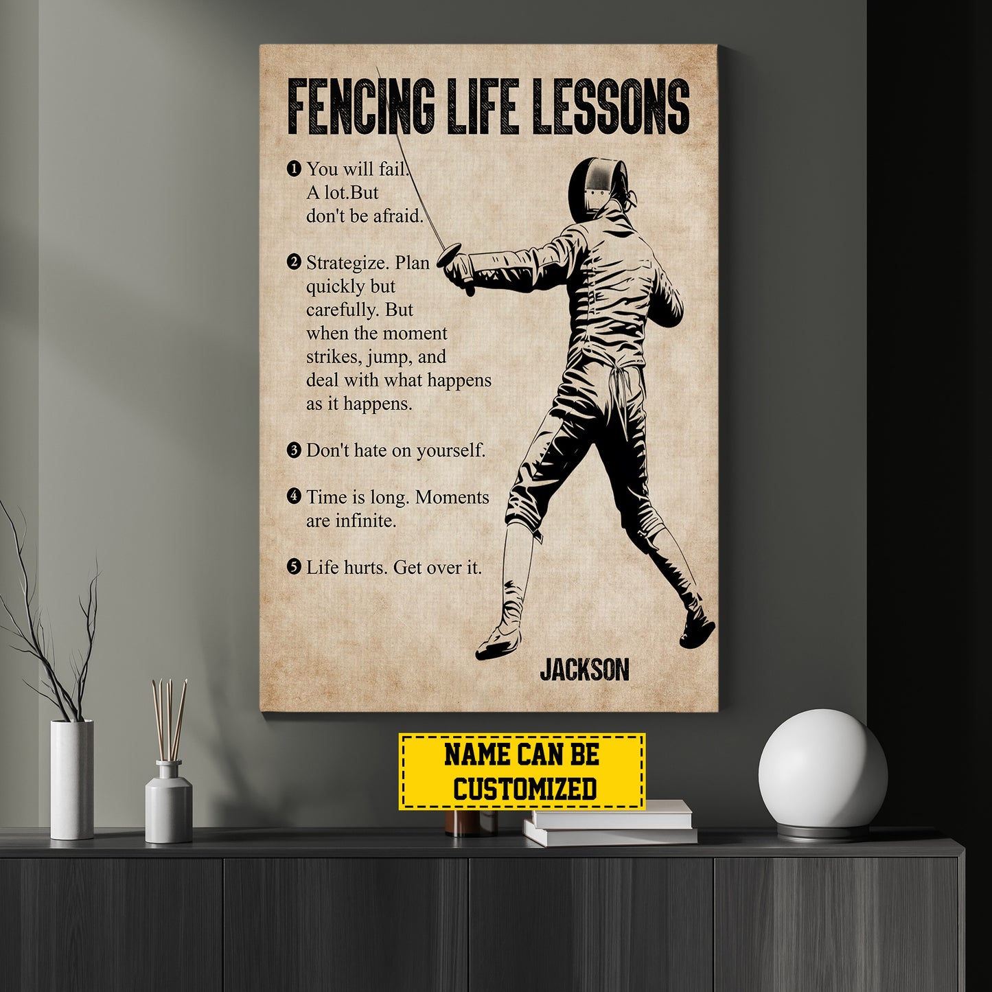 Fencing Life Lessons, Personalized Fencing Boy Canvas Painting, Inspirational Quotes Wall Art Decor, Poster Gift For Fencing Lovers, Fencer