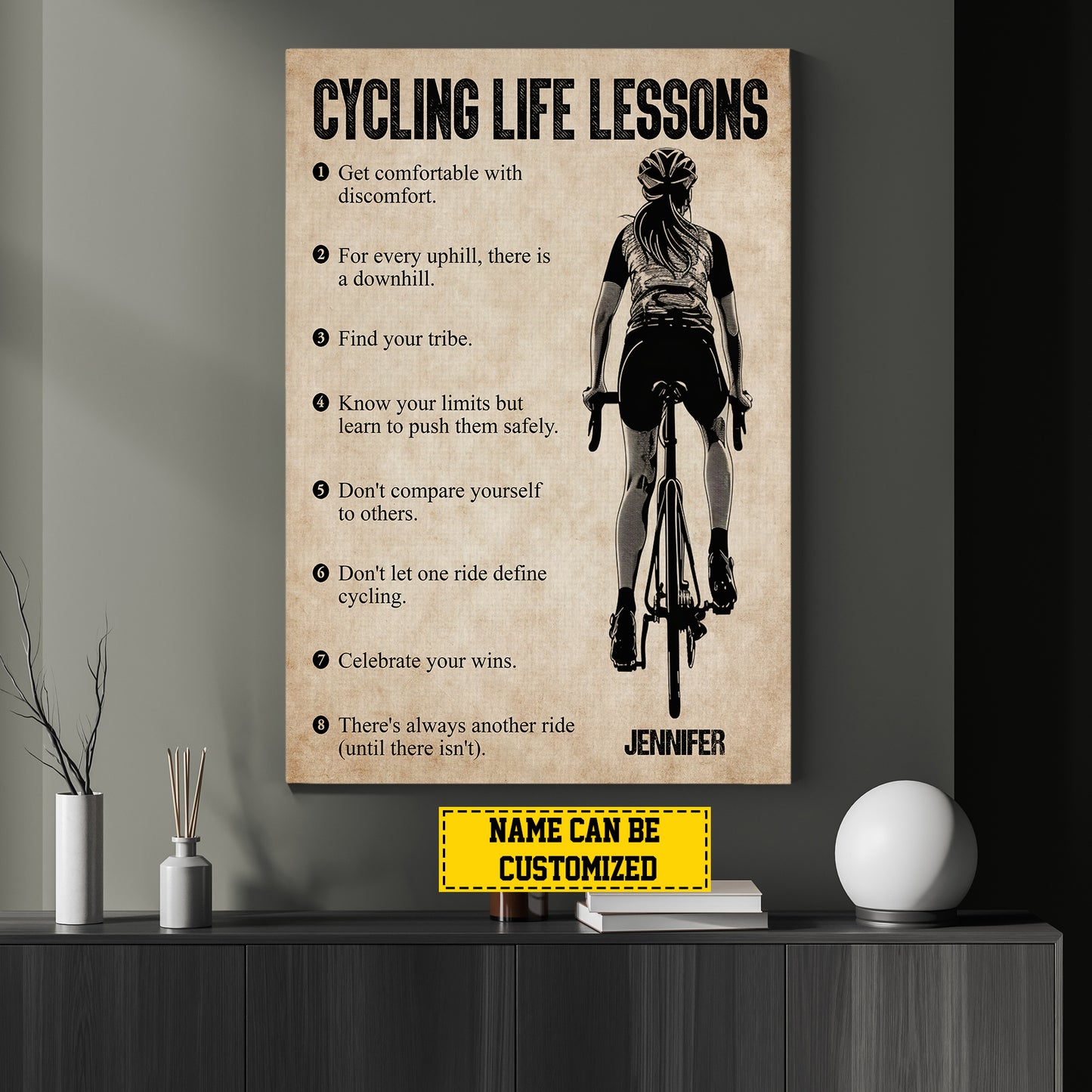 Cycling Life Lessons, Personalized Cycling Girl Canvas Painting, Inspirational Quotes Wall Art Decor, Poster Gift For Cycling Lovers, Cycler