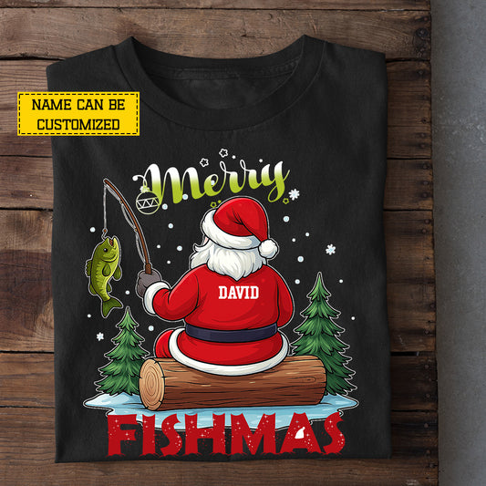 Funny Personalized Christmas Fishing T-shirt, Merry Fishmas Sports Tee Xmas Gift For Fishing Lovers