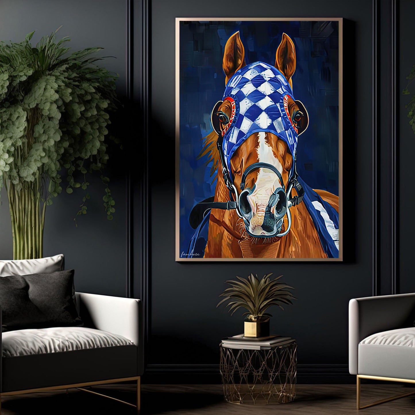 Secretariat Canvas Painting, A Brown Horse Wearing Blue White Checkered Silks, Jockey  Wall Art Decor, Poster Gift For Horse Racing Lovers