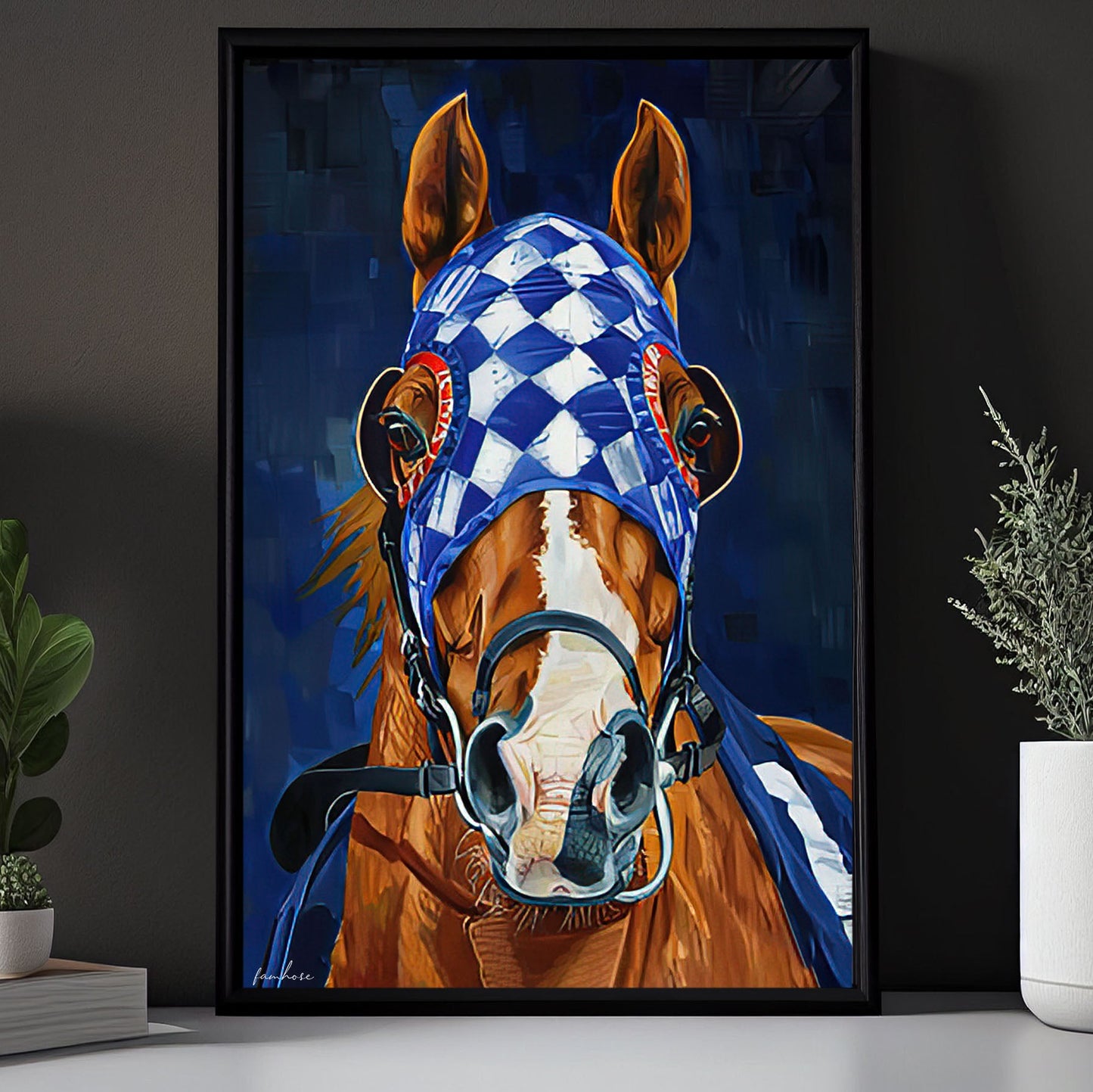 Secretariat Canvas Painting, A Brown Horse Wearing Blue White Checkered Silks, Jockey  Wall Art Decor, Poster Gift For Horse Racing Lovers