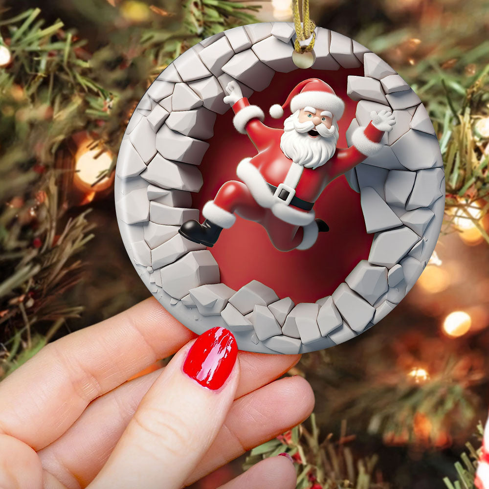 Santa's Dynamic Entrance, Funny Santa Claus Circle Ceramic Ornament Christmas Gift