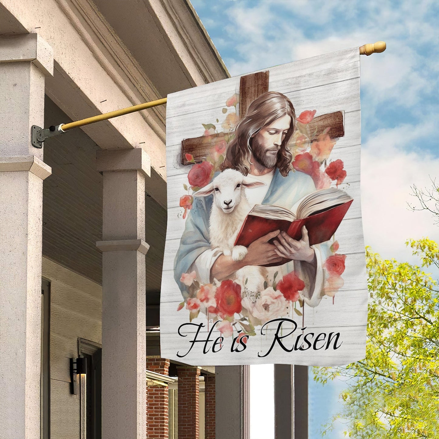 Goat Flag, He Is Risen Jesus Hugs A Goat And Reads A Book, Gift For Goat Lovers, Farmers, Garden Flag, Garden Lovers