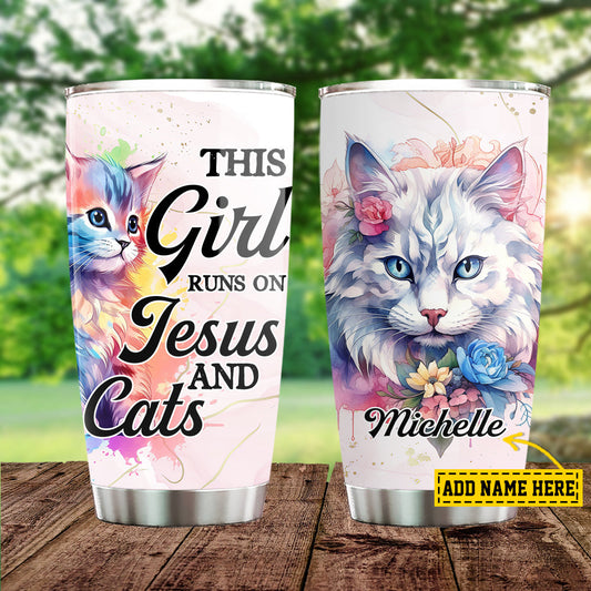 Personalized Cool Cat Tumbler, This Girl Runs On Jesus And Cats Stainless Steel Tumbler, Gift For Cat Lovers, Cat Owners