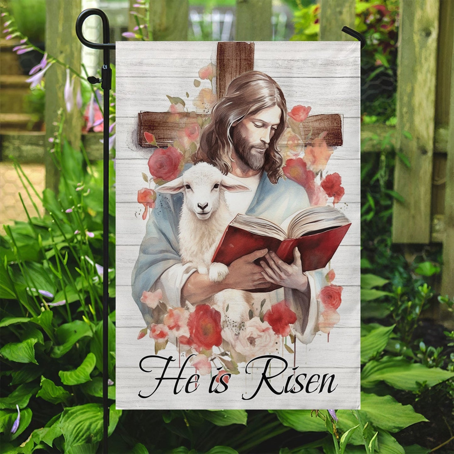 Goat Flag, He Is Risen Jesus Hugs A Goat And Reads A Book, Gift For Goat Lovers, Farmers, Garden Flag, Garden Lovers