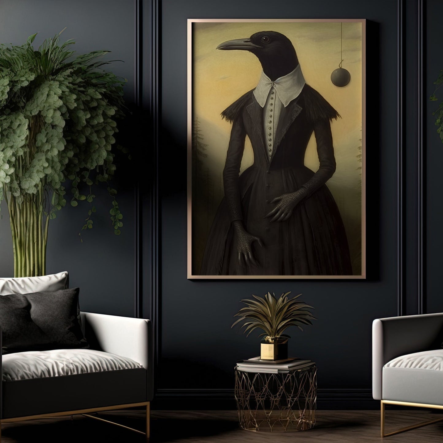 The Black Raven Female In Dark Dress, Victorian Raven Canvas Painting, Victorian Animal Wall Art Decor - Raven Poster Gift