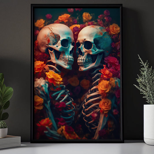 The Forever Love Couple Skeleton, Skull Canvas Painting, Gothic Wall Art Decor - Vintage Wedding Skull Poster Gift