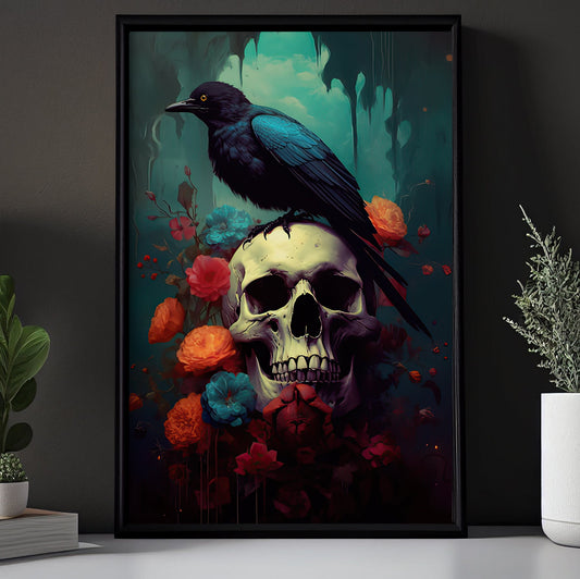 The Black Raven On Floral Skull, Gothic Canvas Painting, Spooky Wall Art Decor - Vintage Raven Poster Gift