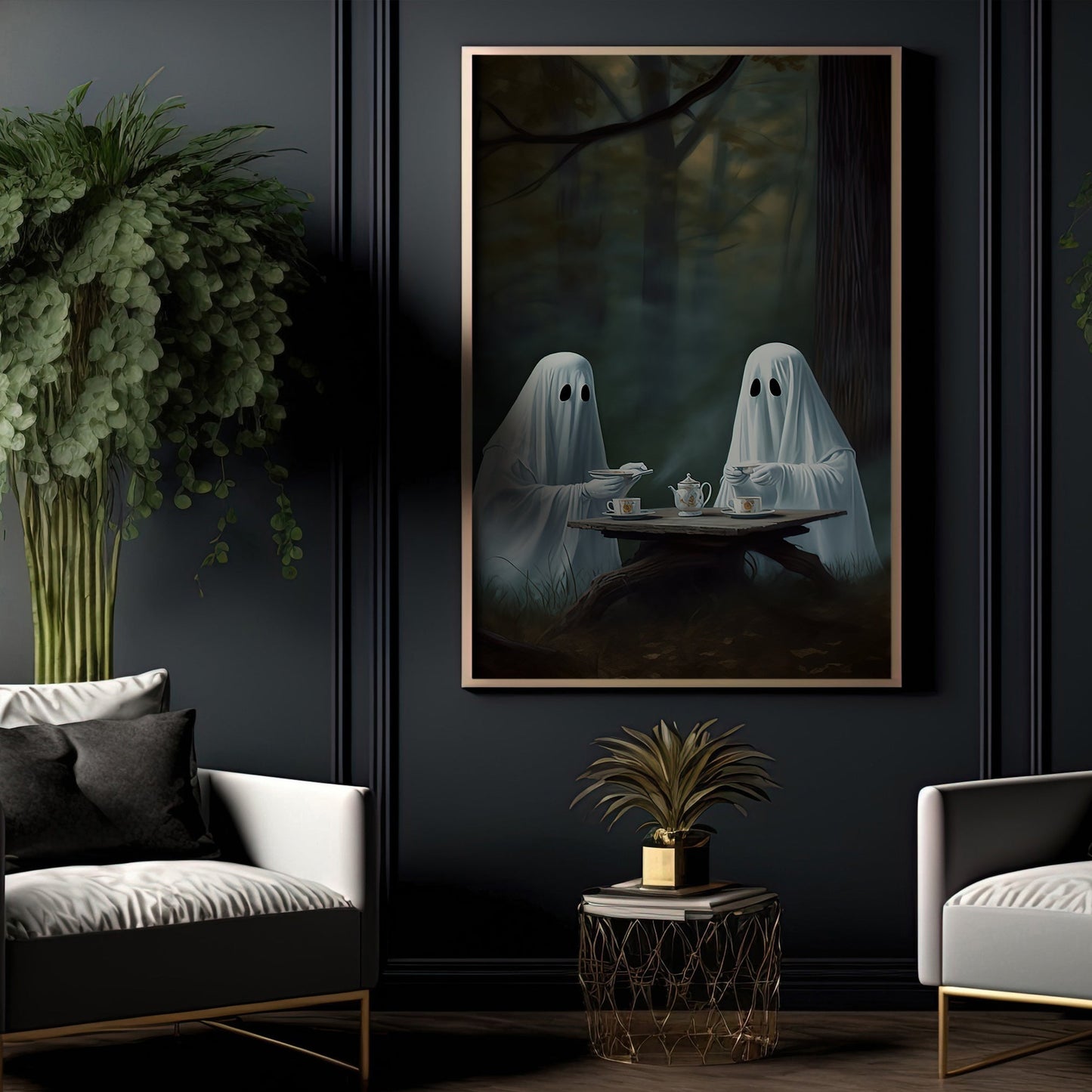 The Ghosts Have A Tea Break Halloween Canvas Painting, Wall Art Decor - Ghost Halloween Poster Gift