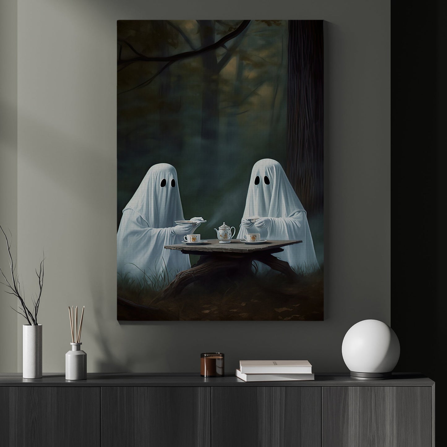 The Ghosts Have A Tea Break Halloween Canvas Painting, Wall Art Decor - Ghost Halloween Poster Gift