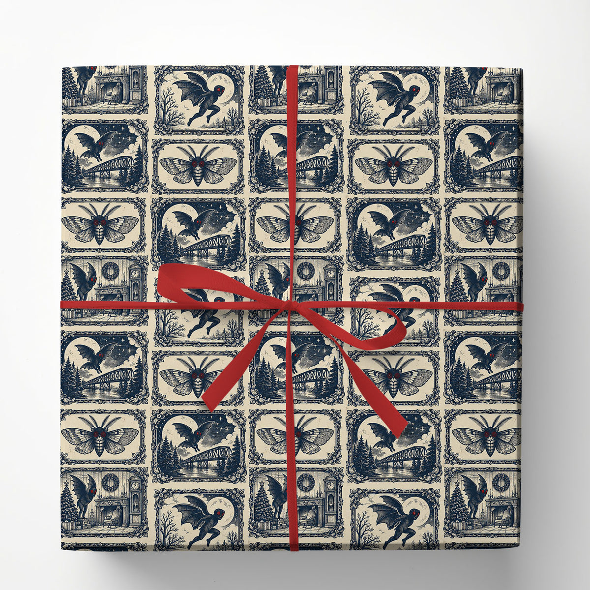 Vintage Christmas Mothman Cryptid Wrapping Paper, Merry Mothman Christmas Wrapping Paper Rolls, Xmas Gift Wrap For Mothman Lover