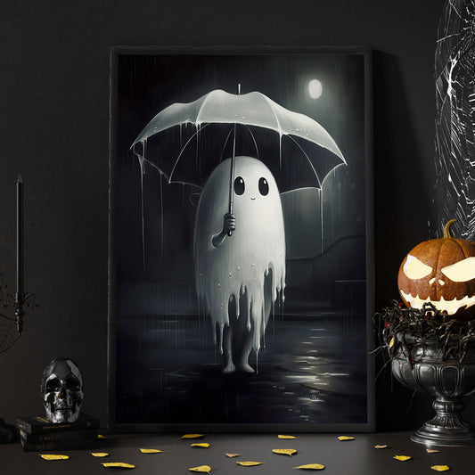 Cute Ghost Kid In Rain Dark Halloween Canvas Painting, Wall Art Decor - Vintage Ghost Poster Halloween Gift